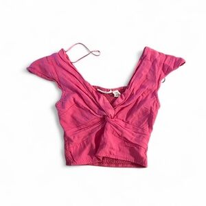 Twist-Front Pink Crop Top with Cap Sleeves